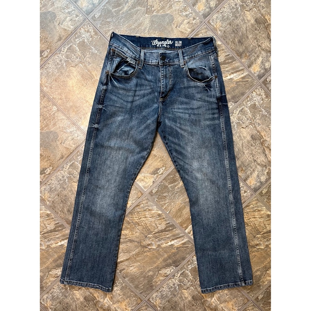 Wrangler Retro Slim Boot Jeans Mens 30x30 Blue Stretch 1077MWZGL